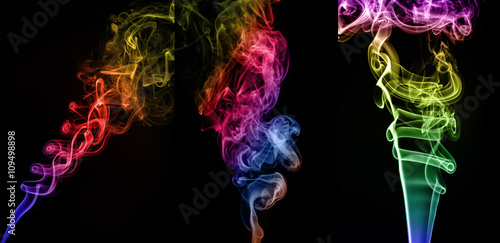 Collage of abstract colorful smoke on black background