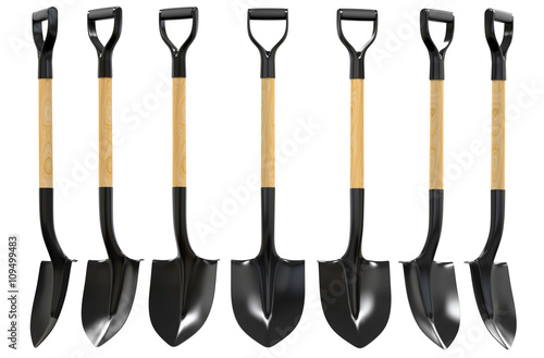 Shovel with wood handel set 3d illustration