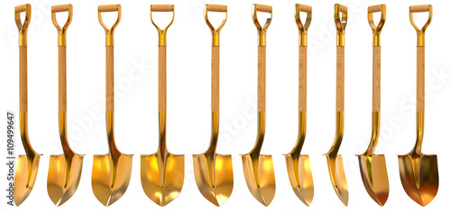 Golden shovel set foreshortening 3d illustration photo