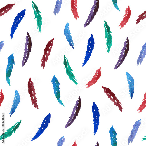 Red, green, violet and blue feathers are drawn in watercolors