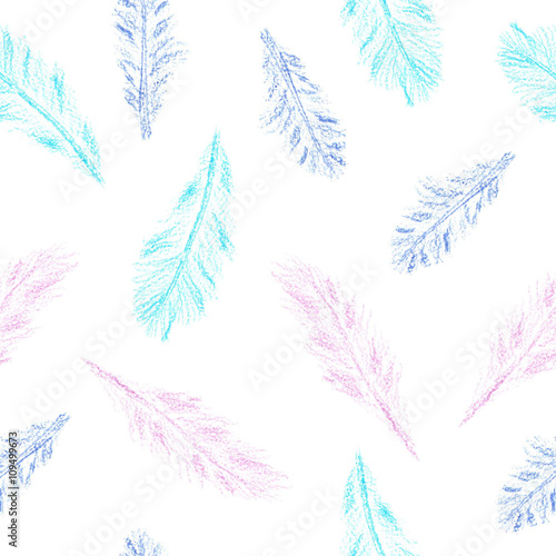Seamless feather pattern is drawn with colored pencils