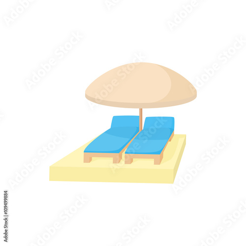 Chaise longues under umbrella icon, cartoon style 