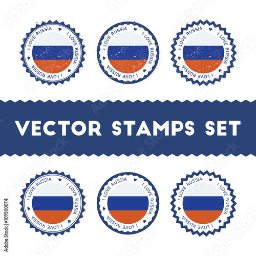 I Love Russian Federation vector stamps set. Retro patriotic country flag badges. National flags vintage round signs.