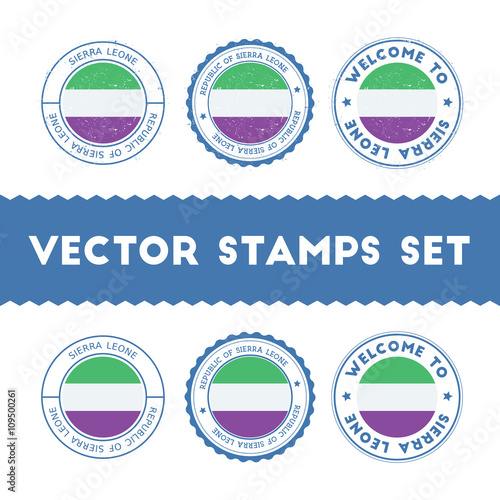 Sierra Leonean flag rubber stamps set. National flags grunge stamps. Country round badges collection.