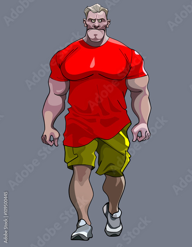 cartoon tense man bodybuilder goes