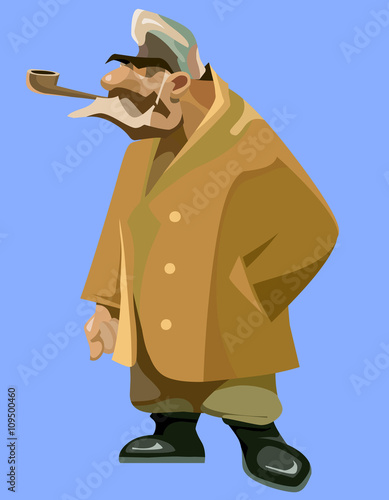 painted pensive grandfather in a sheepskin coat with a pipe in his mouth