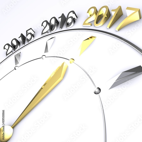 Clock hand reaches new year 2017 in gold - 3d rendering