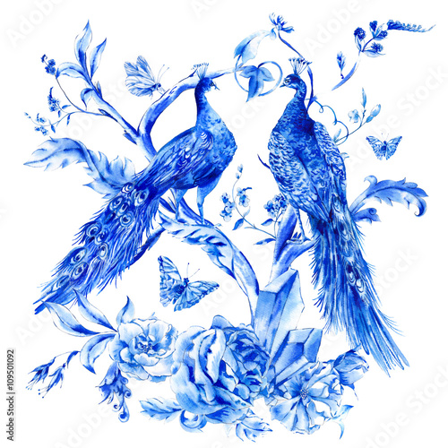 Vintage blue pair of peacocks with watercolor roses