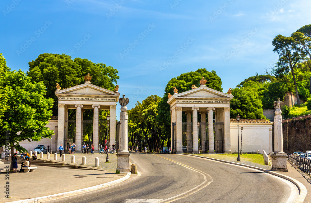 Monumental entrance to the Villa Borghese in Rome
