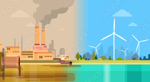 Clean And Polluted Dirty City Environmental Green Energy Concept Wind