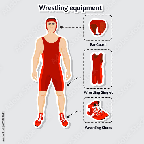 Set of wrestling equipment with man. Singlet, shoes and ear guard.