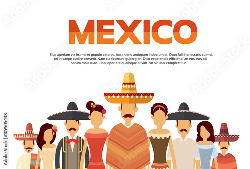 Mexican People Group Wear Traditional Clothes Mexico Banner With Copy Space