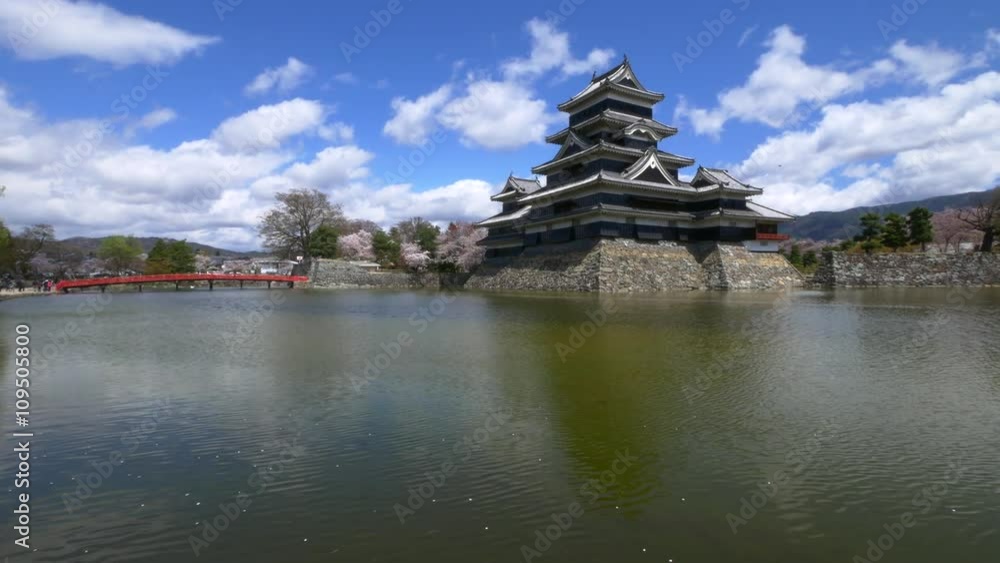 Panning shot of Matsumoto castle in spring, Nagano, Japan Panning shot of Matsumoto castle in spring, Nagano, Japan