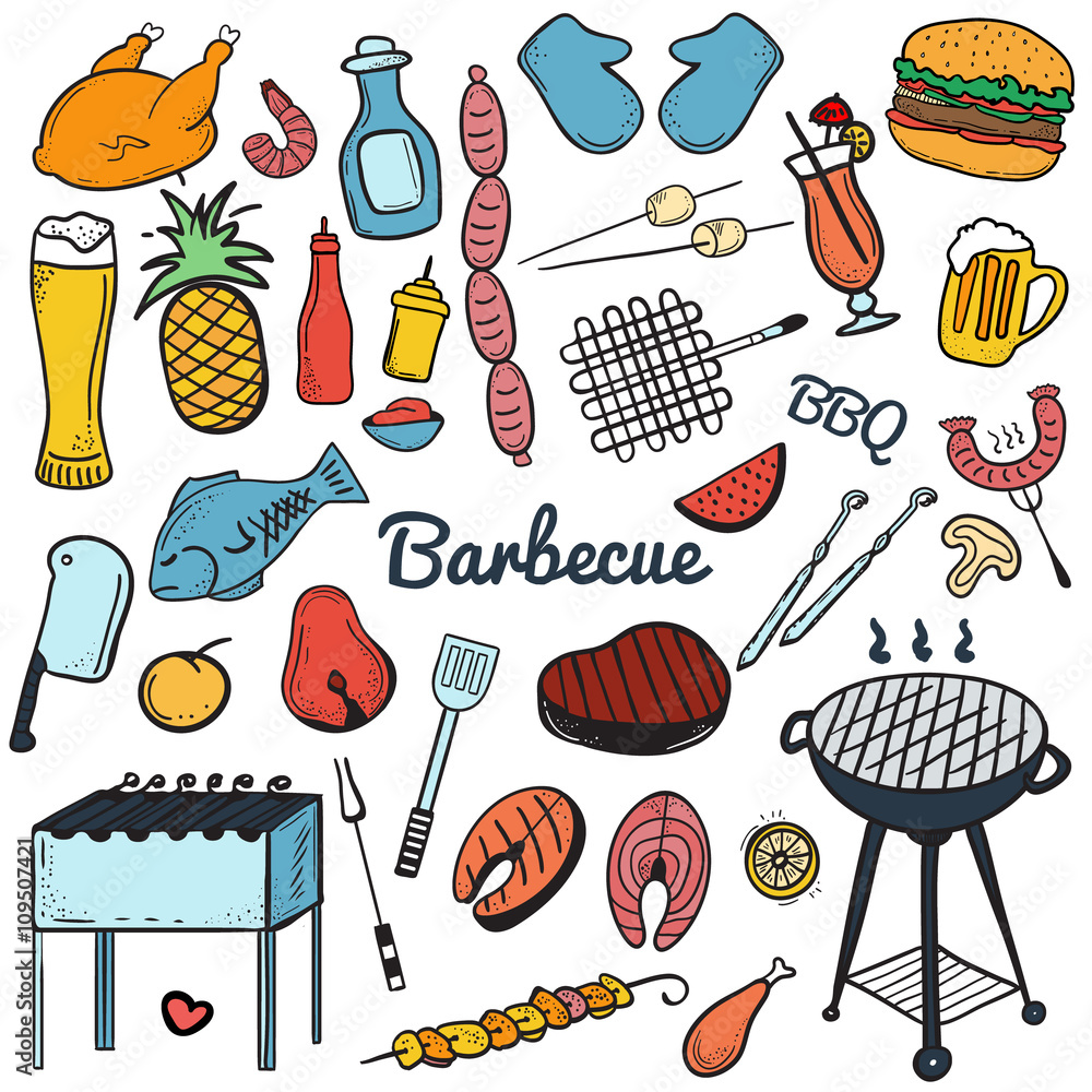 Colorful vector hand drawn Doodle of Grill and BBQ. Vector illustration ...