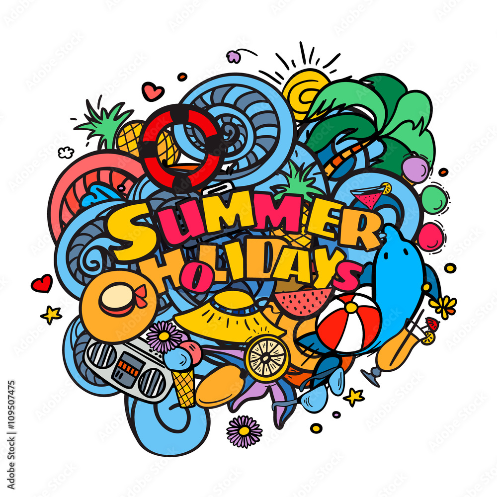 Summer holidays hand lettering and doodle elements background. Vector illustration in color for web, print and mobile.