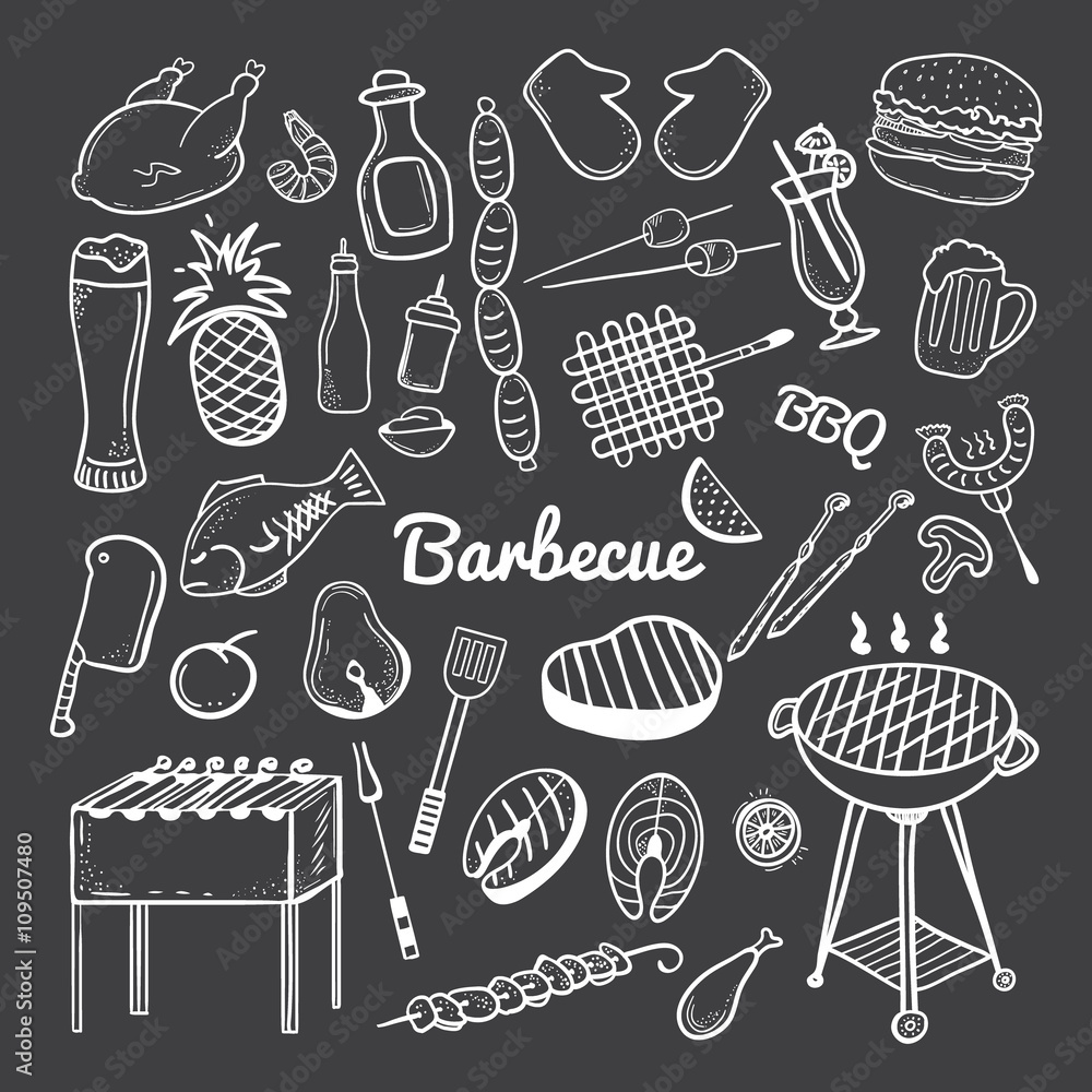 Vector hand drawn doodle of Grill and BBQ. Vector illustration of grill