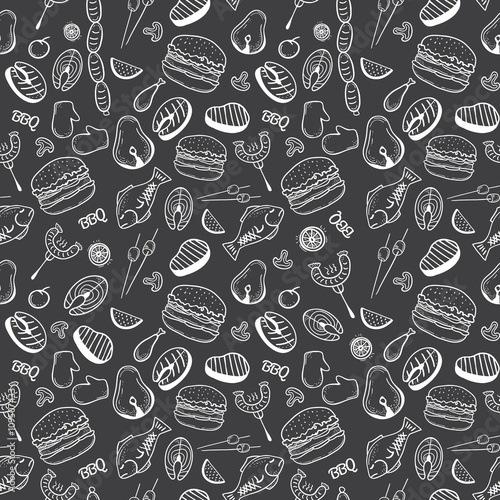 Barbecue and grill seamless pattern. Vector illustrations on black background. Pattern for restaurant menus, web, and print.
