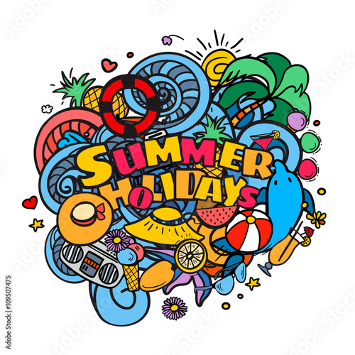 Summer holidays hand lettering and doodle elements background. Vector illustration in color for web  print and mobile.