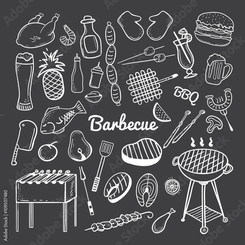 Vector hand drawn doodle of Grill and BBQ. Vector illustration of grill and BBQ stuff. Hand-drawn barbecue doodles on blackboard. Icons for web, mobile and print. Barbecue logos and icons