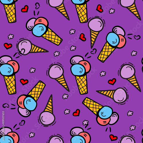 Ice-cream seamless pattern. Ice-cream hand-drawn doodle pattern on colorful background. Vector illustration for web, mobile and print.