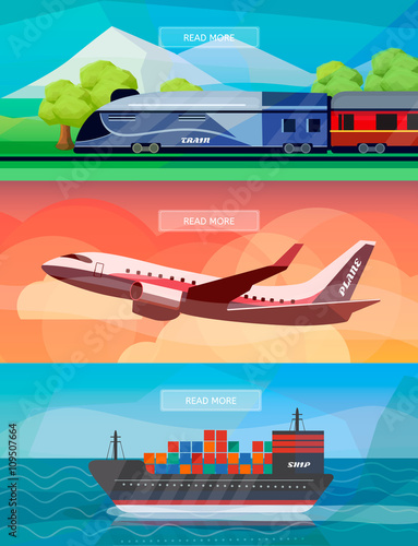 Set of logistics routes banners. Banners with train, plane and ship. Low polygon vector illustrations for logistics use.