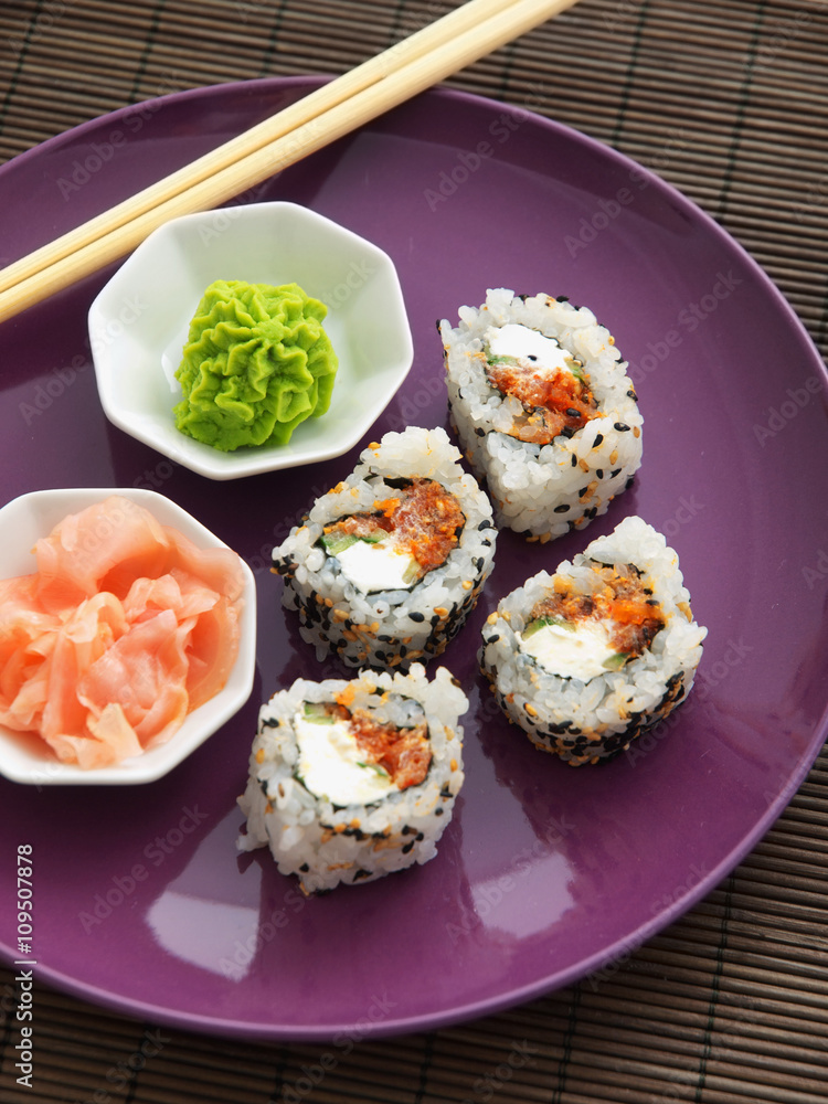 California Maki Sushi rolls with wasabi and ginger