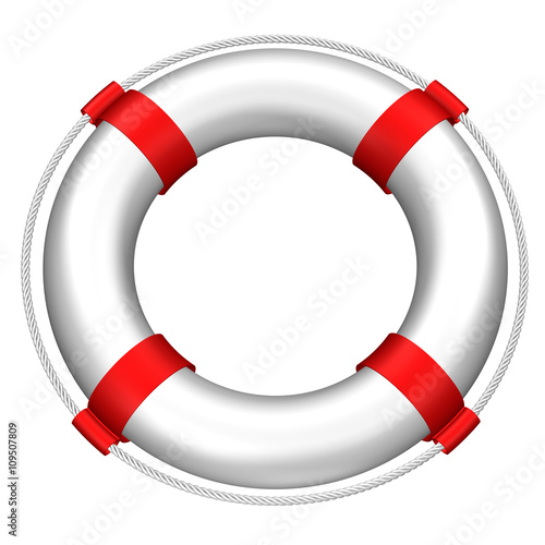 Lifebuoy with stripes and rope. 3D rendering.