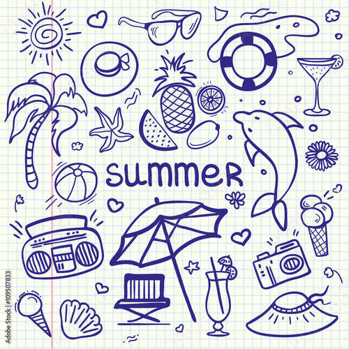 Vector sketchy line art Doodle cartoon set of objects and symbols for summer holidays.  Vector pen style doodle illustration for web, mobile and print.