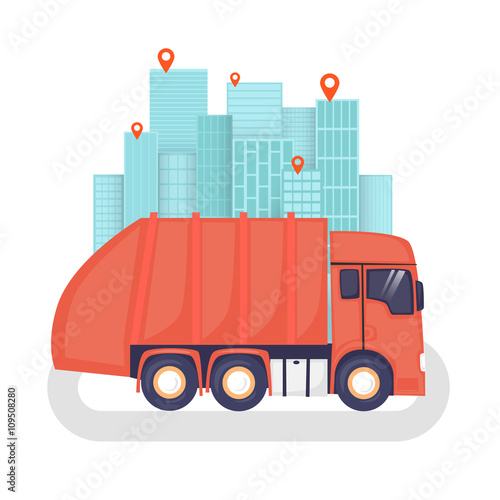 Garbage on the background of the city, garbage disposal, clean city. Flat design vector illustration.