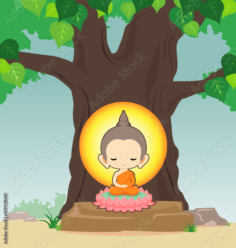 Buddha sitting on lotus flower under tree -Vector illustration