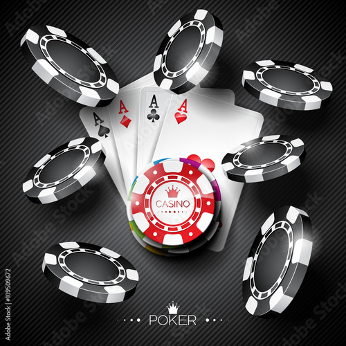 Vector illustration on a casino theme with color playing chips and poker cards on dark background.