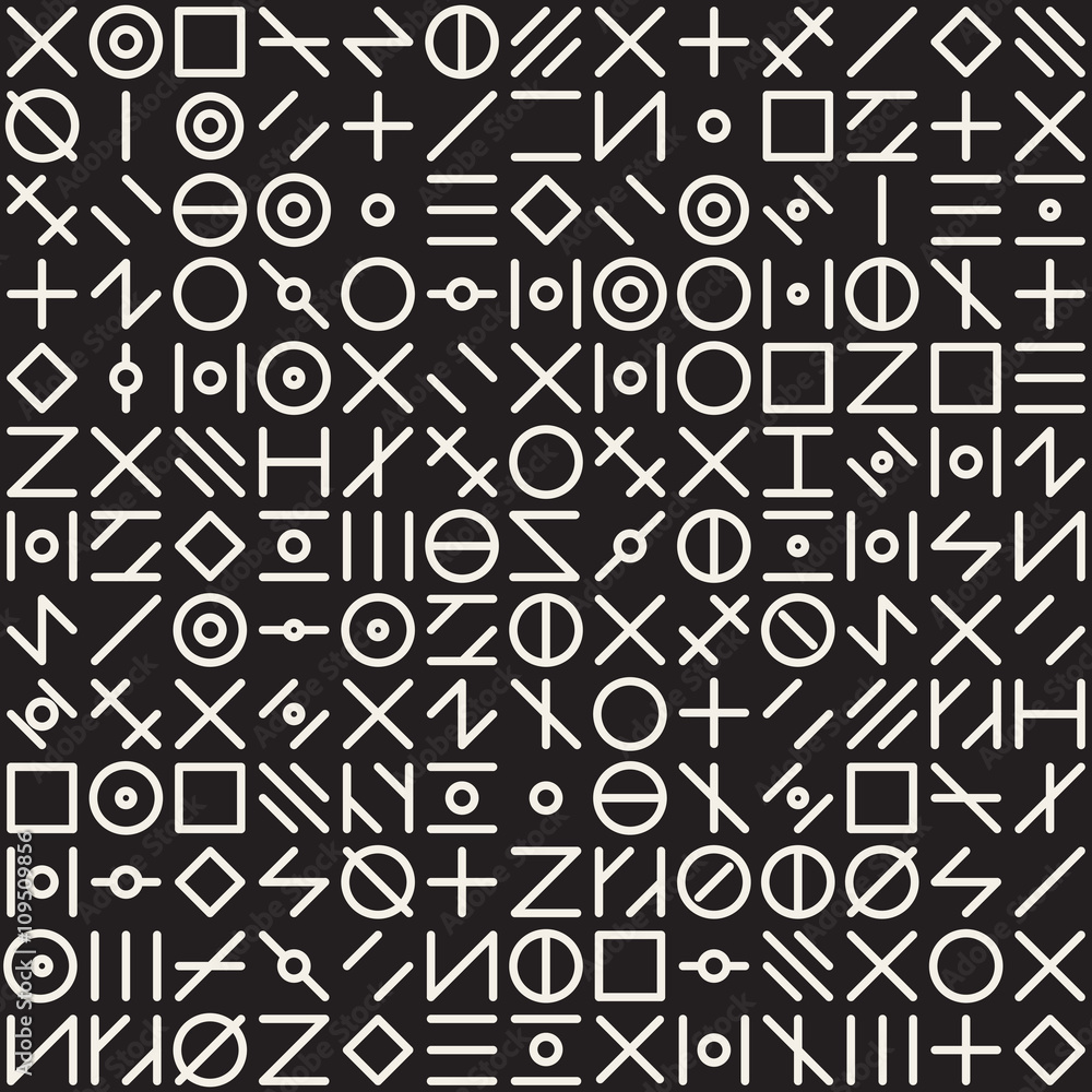 Vector Seamless Black and White Geometric Random Shapes Grid Pattern