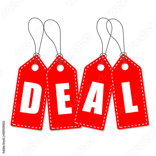 Deal. Prices rectangular red labels with stitching 