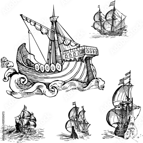 Set of Old Sailing Ships