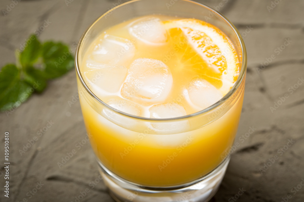 Orange juice in glass with mint, fresh fruits. selective focus, Orange juice in glass with mint, fresh fruits. selective focus,
