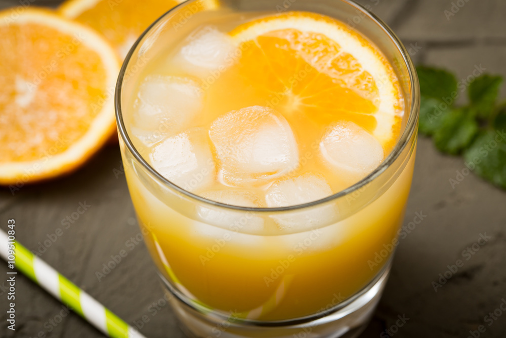 Orange juice in glass with mint, fresh fruits. selective focus, Orange juice in glass with mint, fresh fruits. selective focus,