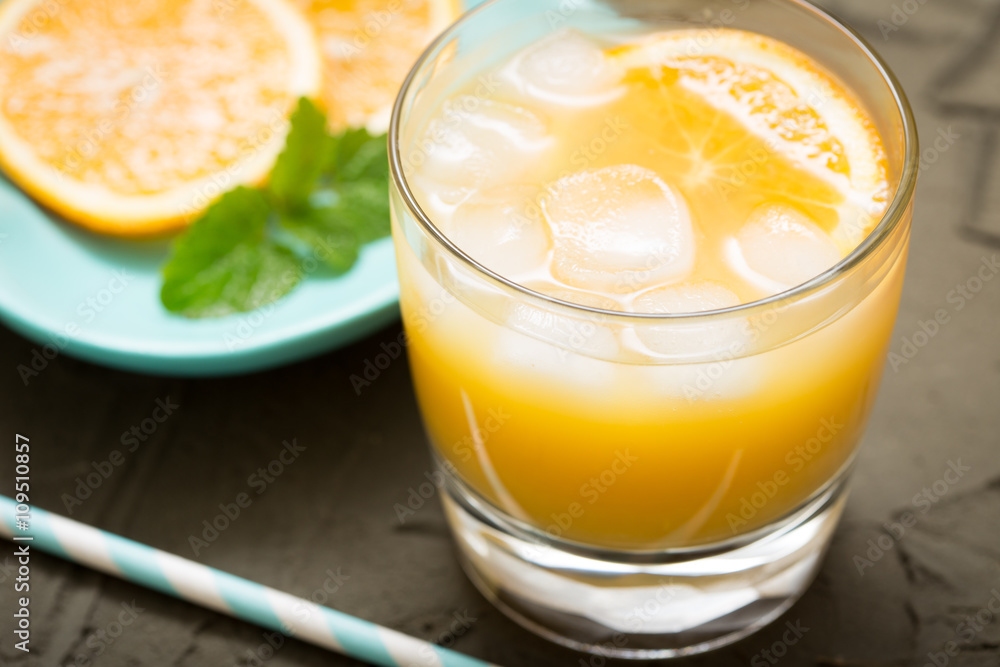 Orange juice in glass with mint, fresh fruits. selective focus, Orange juice in glass with mint, fresh fruits. selective focus,