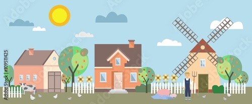 Farm animals and a farmer on the background buildings. Vector illustration.