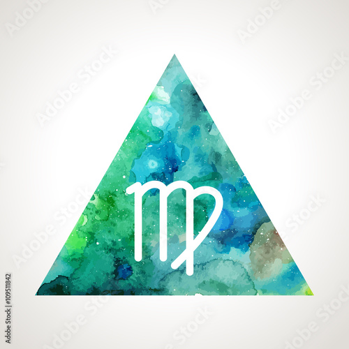 Virgo zodiac sign on watercolor triangle background. Astrology symbol