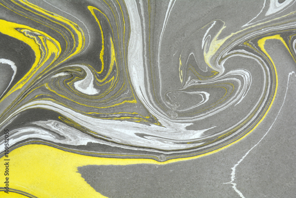 Naklejka premium Abstract background. Ink marbling texture. Grey, yellow and white. Hand drawn marble illustration, ebru aqua paper and silk print. Traditional Turkish ebru technique. Painting on water.