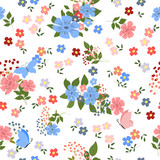 Seamless pattern with field flowers and butterflies.
