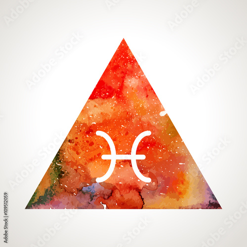 Pisces zodiac sign on watercolor triangle background. Astrology symbol