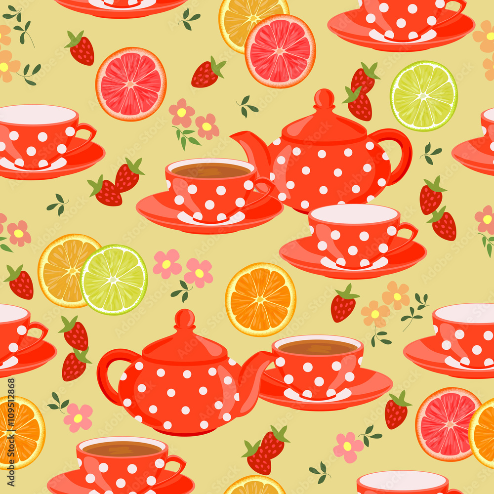Seamless pattern with teapots, cups, flowers, leaves, citrus and strawberries. Seamless pattern with teapots, cups, flowers, leaves, citrus and strawberries.