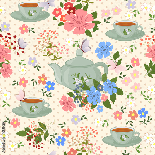 Seamless pattern with teapots, cups and butterflies.