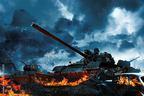 Obraz na płótnie Three tanks in a burning field