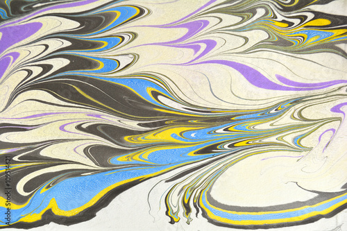 Watercolour stains, abstract background on paper, aqua print artistic effect. Cover design suminagashi art. Blue ink texture. Hand drawn marbling illustration technique.