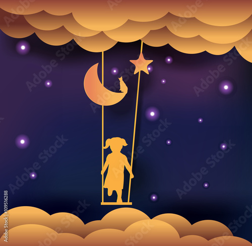 good night card, child on swing in sky, paper cut style, vector illustration