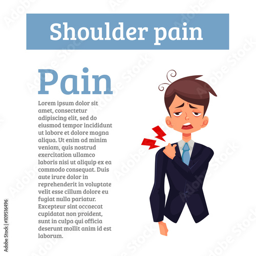 Pain in the shoulder office worker, vector cartoon comic illustration, isolated on a white background, a man experiencing shoulder pain, muscle tension bone joints, joint disease, spinal violation