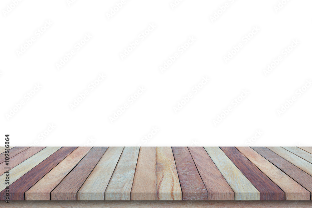 Fototapeta premium Empty top view of wooden table or counter (shelf) isolated on wh