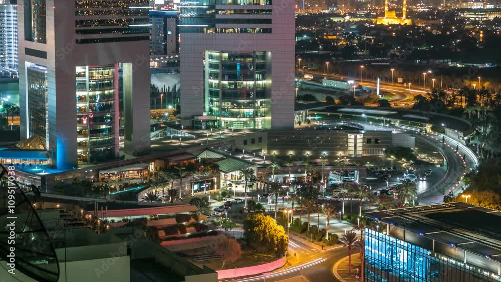 Dubai skyline from top with Emirates Towers timelapse at night time. Dubai, UAE. Dubai skyline from top with Emirates Towers timelapse at night time. Dubai, UAE.